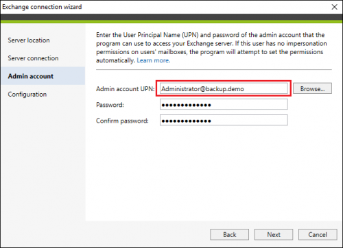 Backup Exchange connection admin credentials