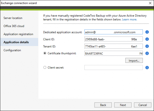 Backup Exchange connection application details