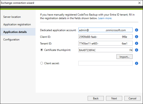 Application registration details filled out in Exchange connection wizard.