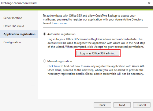 Automatic registration of CodeTwo Backup in Entra ID (Azure AD).