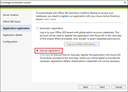 Backup Exchange connection manual registration