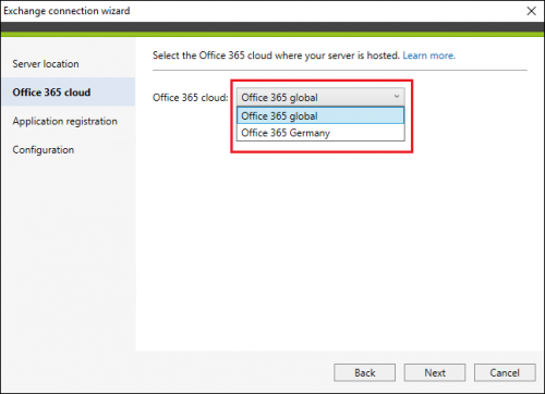 Backup Exchange connection Office 365 cloud