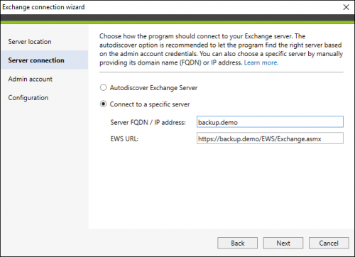 Backup Exchange connection on-premises