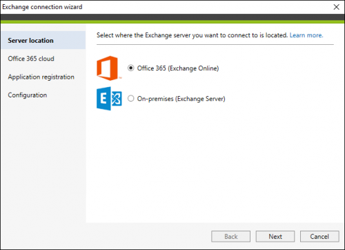 Backup Exchange connection wizard