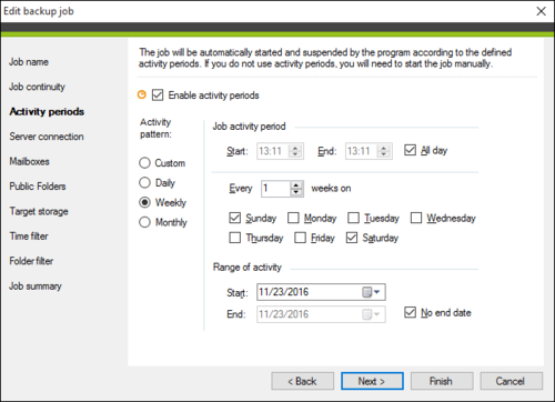 Choosing the job's activity periods.