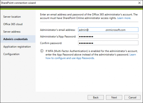 Backup SharePoint connection admin credentials