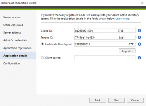 Backup SharePoint connection application details