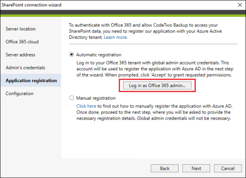 Automatic registration of CodeTwo Backup in Entra ID (Azure AD).