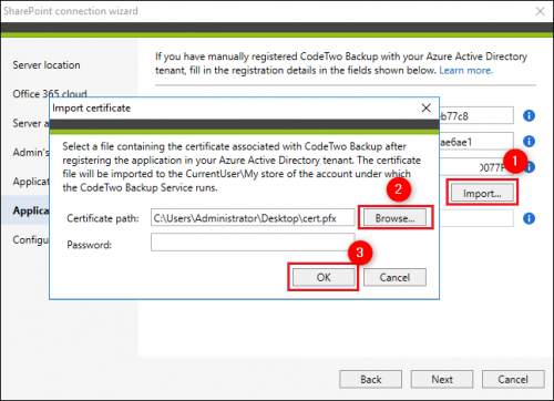 Backup SharePoint connection import certificate