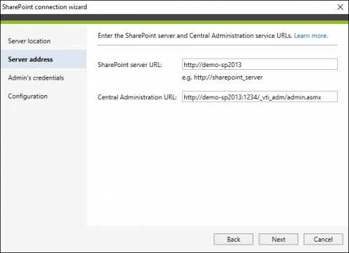 Backup SharePoint connection on-prem server url