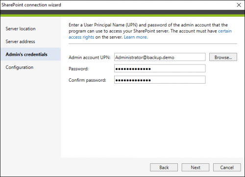 Backup SharePoint connection on-prem admin cred