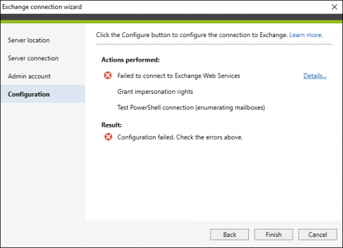 Backup failed connection to on-prem Exchange