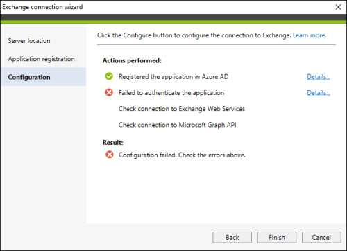 Failure notifications shown when configuring a connection to Exchange Online.