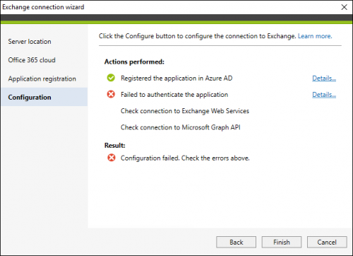 Backup failed connection to Exchange Online