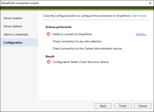 Backup failed connection to on-prem SharePoint