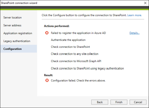 Failure notifications shown when configuring a connection to SharePoint Online.