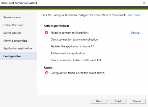 Backup failed connection to SharePoint Online