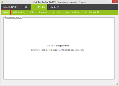 Backup - create a new storage