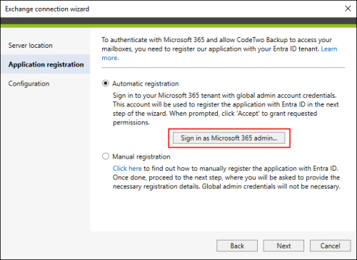 Automatic registration of CodeTwo Backup in Entra ID.