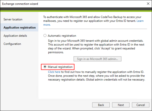 Select this option if you want to register CodeTwo Backup in your Entra ID by yourself.