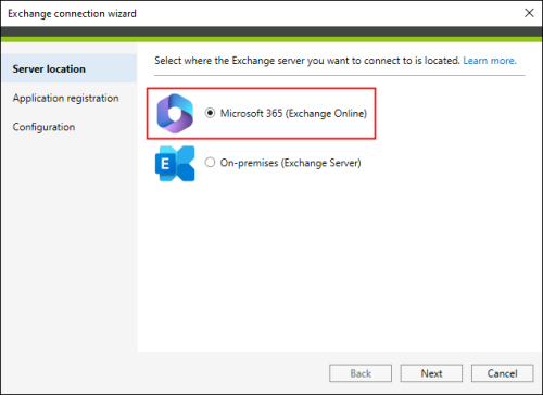 Configuring a connection to an Exchange server.