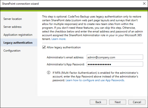 Providing Microsoft 365 admin credentials.