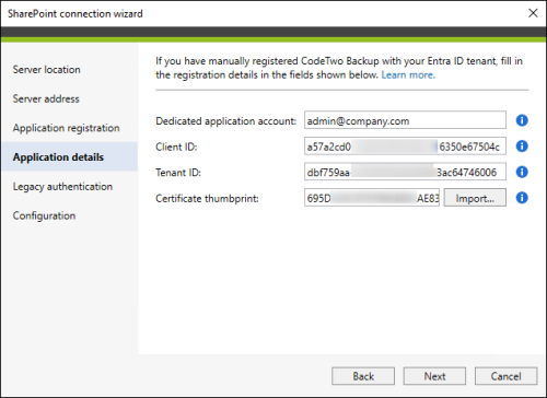 Application registration details filled out in the SharePoint connection wizard.