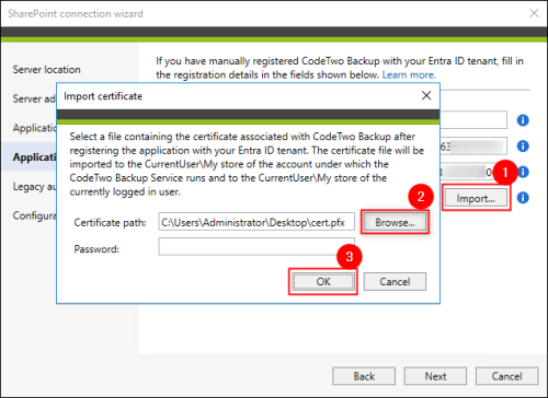 Importing the certificate associated with CodeTwo Backup.