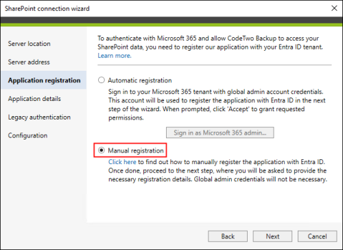 Select this option if you want to register CodeTwo Backup in your Entra ID by yourself.