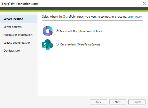 The SharePoint connection wizard.