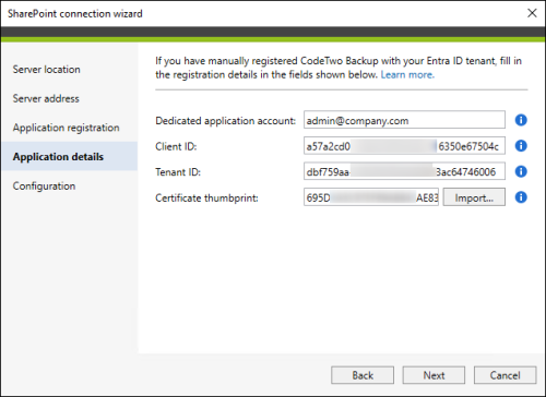 Application registration details filled out in the SharePoint connection wizard.