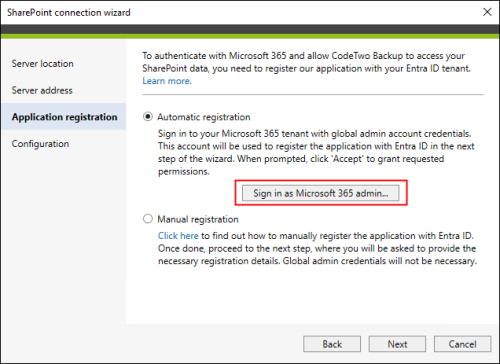 Automatic registration of CodeTwo Backup in Entra ID.