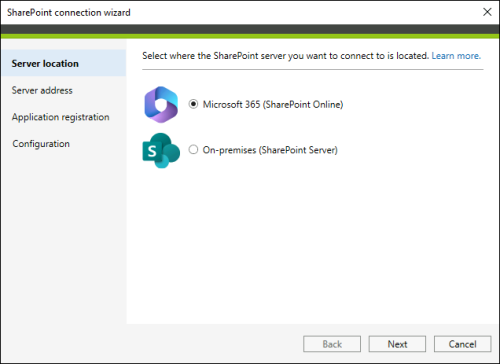 The SharePoint connection wizard.