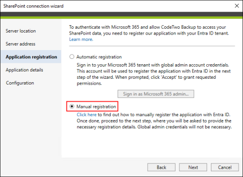 Select this option if you want to register CodeTwo Backup in your Entra ID by yourself.