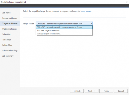 Office 365 Migration - selecting target connection