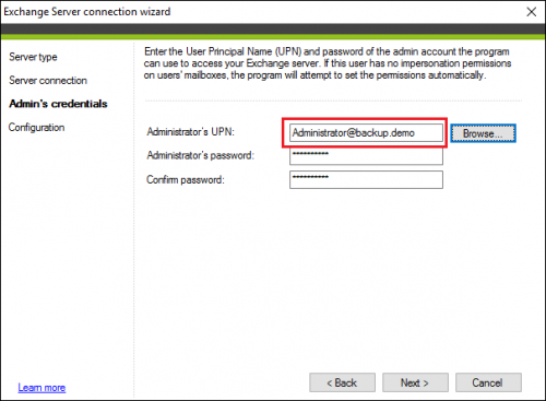 Backup Exchange connection admin credentials