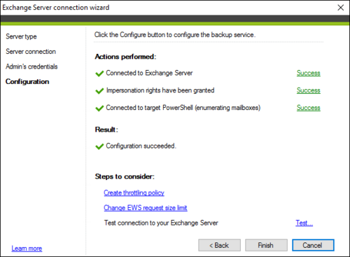 Backup Exchange connection configuration