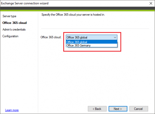 Backup Exchange connection Office 365 cloud