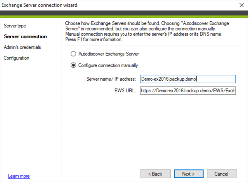 Backup Exchange connection server connection