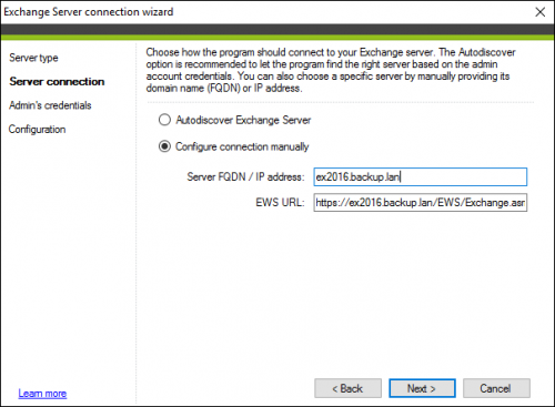 Backup Exchange server connection