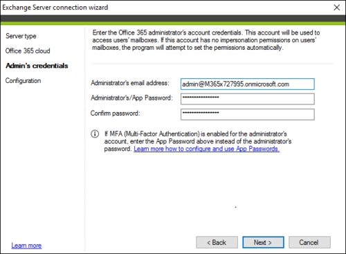 Backup O365 connection admin credentials