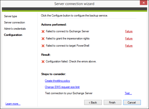 Backup Exchange connection wizard failures