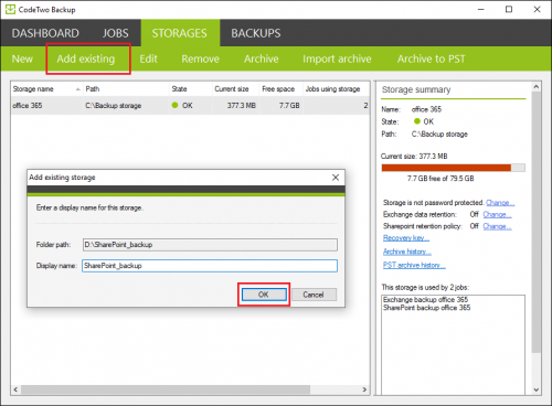 Adding an existing backup storage to CodeTwo Backup.