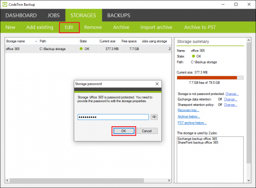 Unlocking a password-protected backup storage in CodeTwo Backup