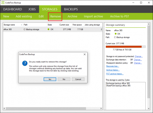Backup Storage remove storage
