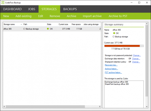Backup Storage Storages tab
