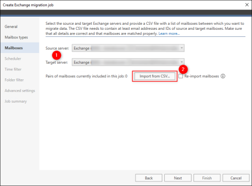 The Mailboxes step is where you import a CSV file containing matched source and target mailboxes.