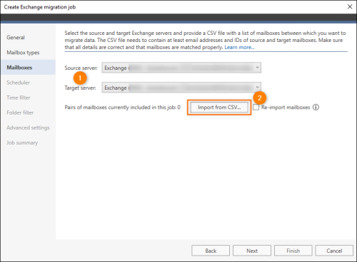 The Mailboxes step is where you import a CSV file containing matched source and target mailboxes.