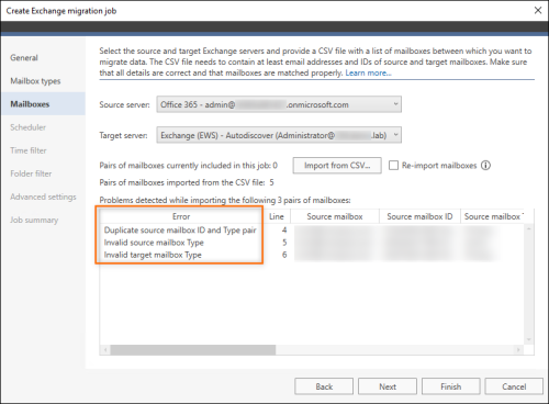 Errors related to wrong information about mailbox type.
