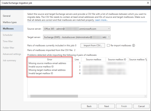Errors that might occur when mandatory mailbox information is missing.